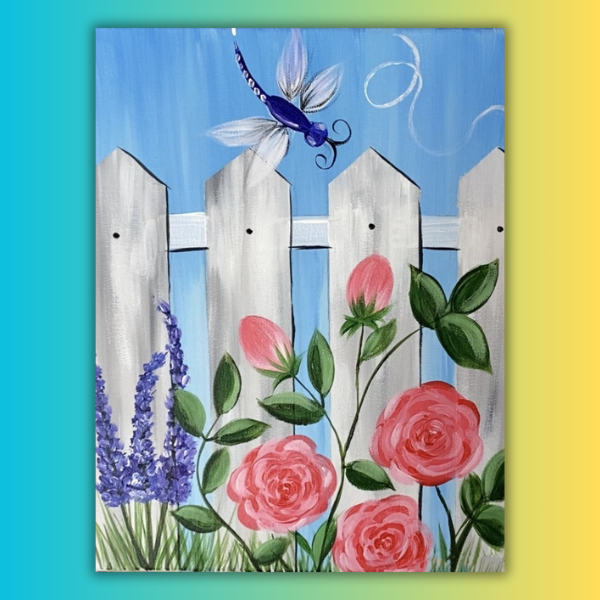 A painting of a white picket fence with flowers and a dragonfly