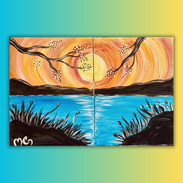 A painting of a sunset over a body of water