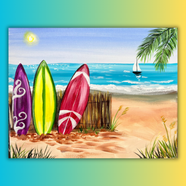 A painting of surfboards on a beach with a sailboat in the background.