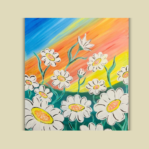 A painting of daisies with a rainbow in the background