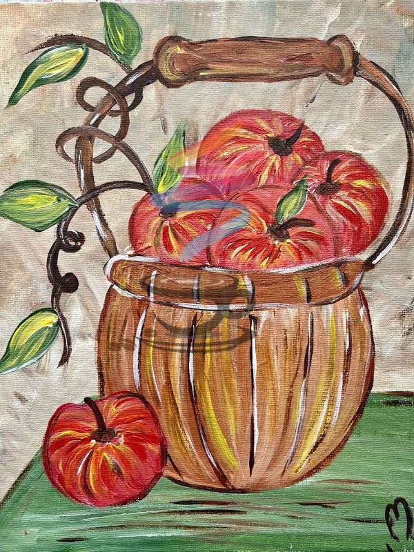 A painting of a basket filled with apples on a table.