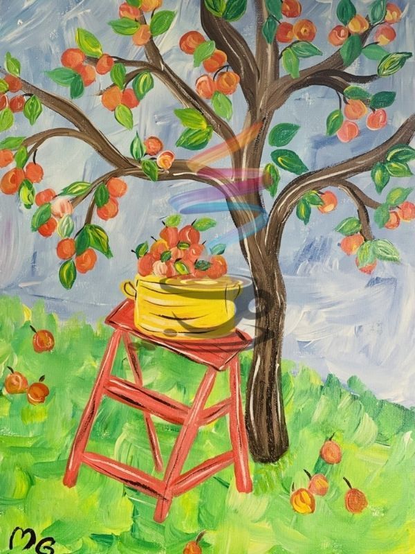 A painting of an apple tree with a yellow pot on a red stool