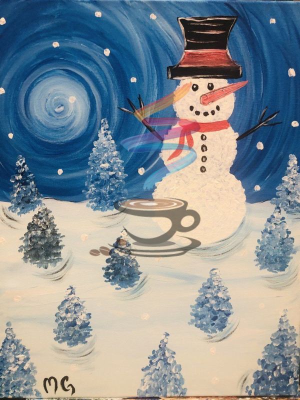 A painting of a snowman holding a cup of coffee
