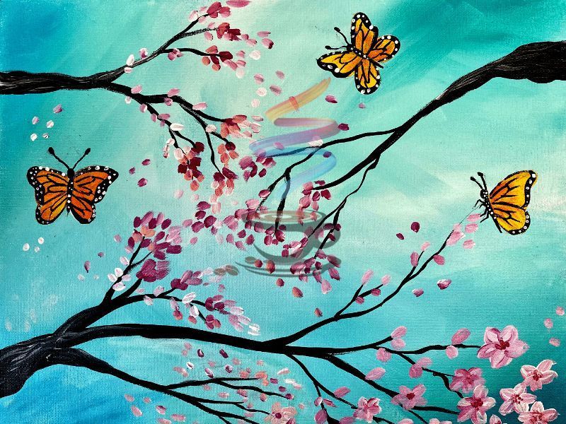A painting of a tree branch with flowers and butterflies