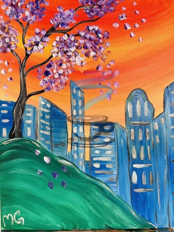 A painting of a city with a tree in the foreground