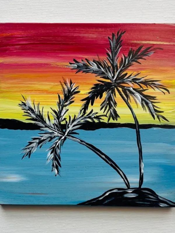 A painting of two palm trees on a small island at sunset