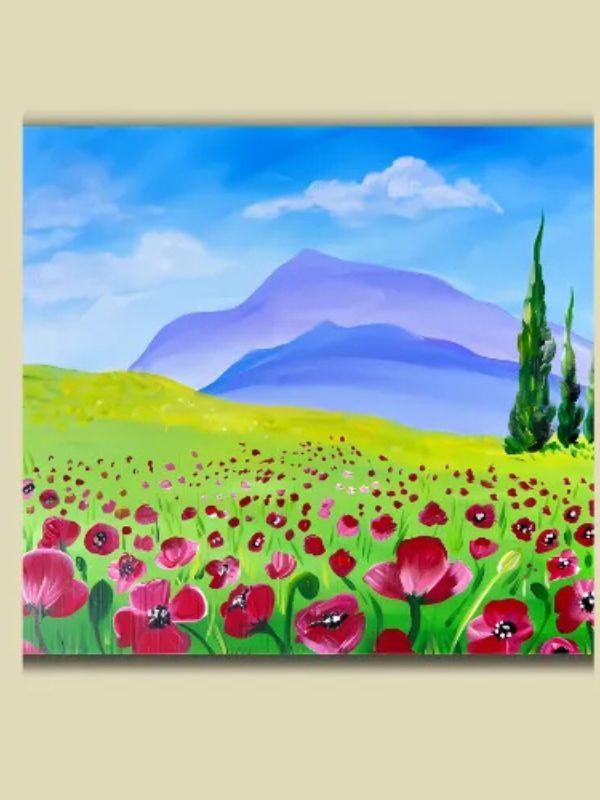 A painting of a field of flowers with mountains in the background