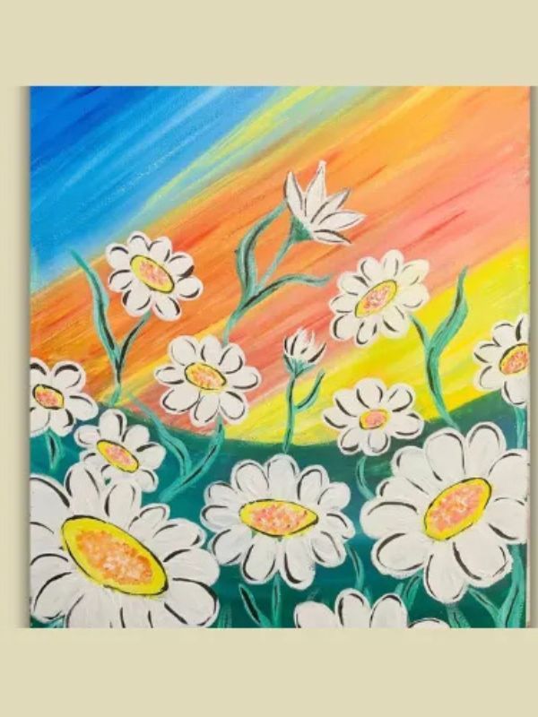 A painting of daisies with a rainbow in the background