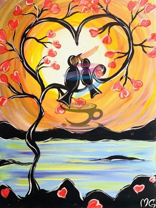 A painting of two birds kissing under a heart shaped tree