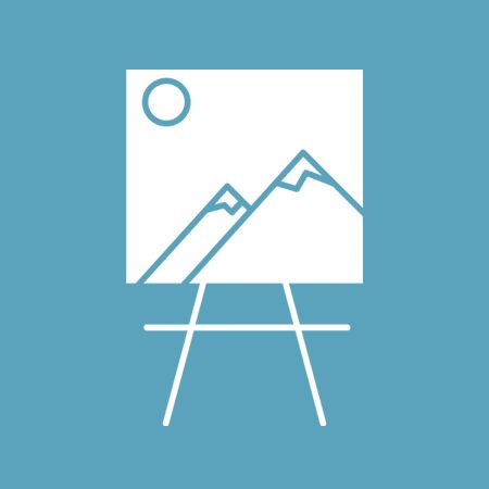An icon of a painting of mountains on an easel on a blue background.