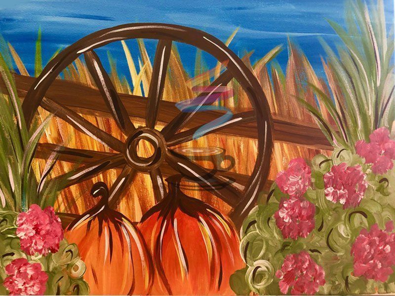 A painting of a wagon wheel surrounded by pumpkins and flowers