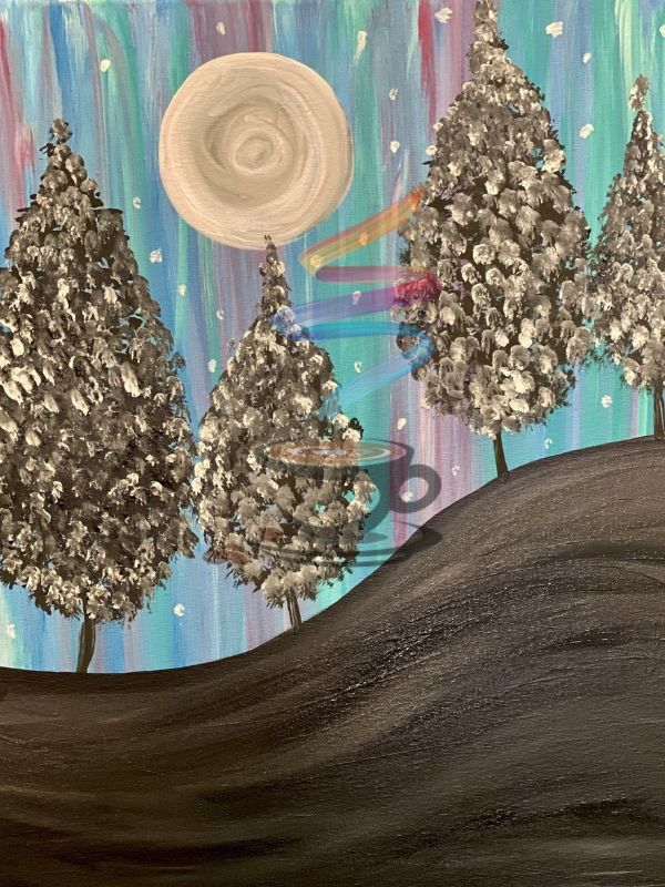A painting of a snowy forest with trees and a moon in the background.