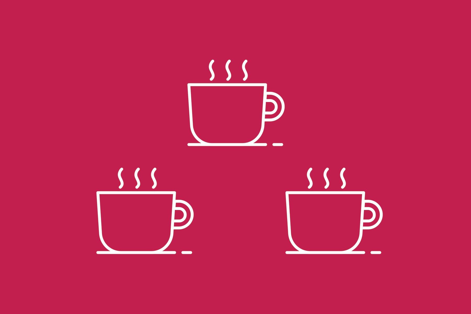 Three cups of coffee with steam coming out of them on a red background.