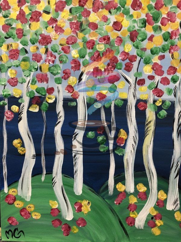 A painting of a forest with trees and flowers