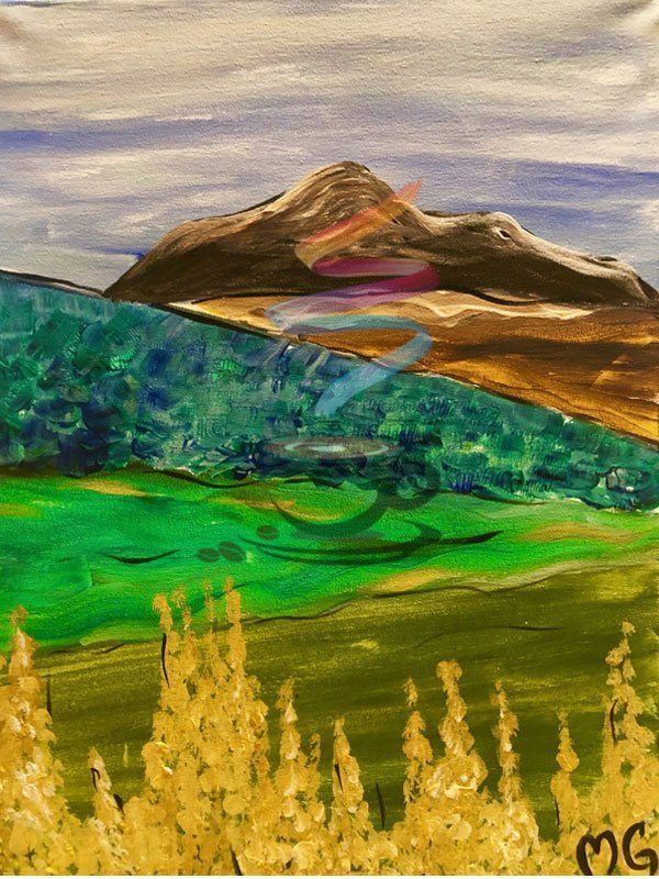 A painting of a mountain surrounded by trees and grass