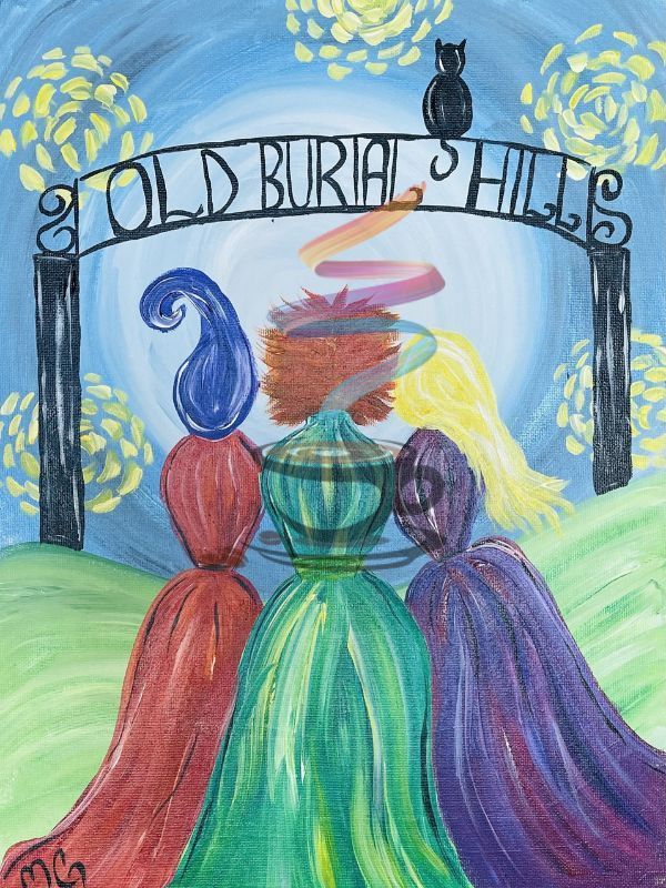 A painting of three witches standing under a sign that says old burial hills