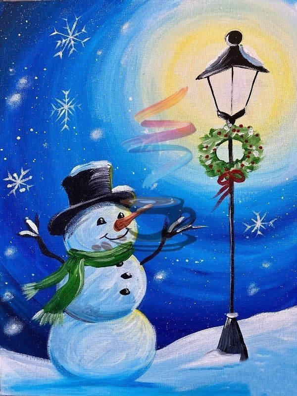A painting of a snowman standing next to a lamp post with a wreath on it.
