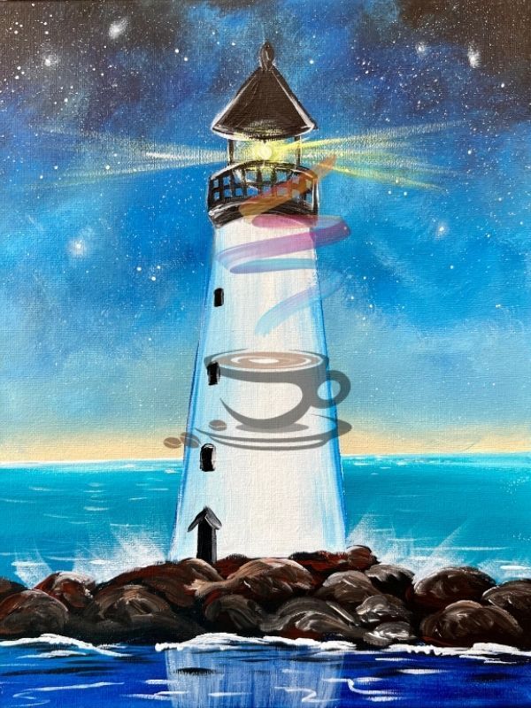 A painting of a lighthouse in the middle of the ocean