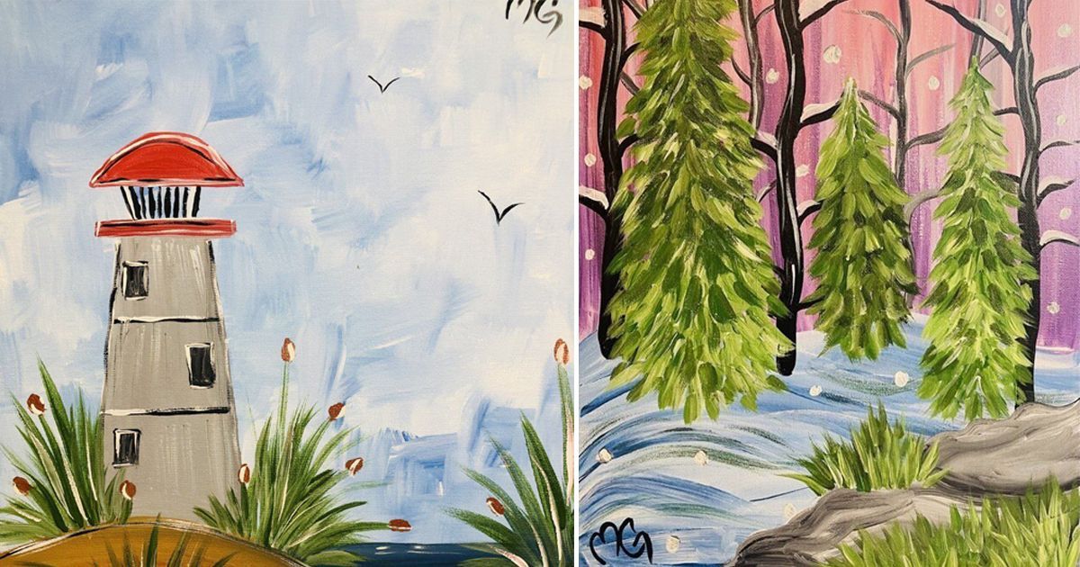 light house and tress painting scenes