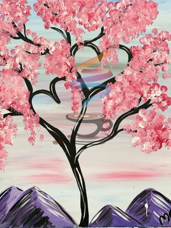 A painting of a cherry blossom tree with a heart shaped branch