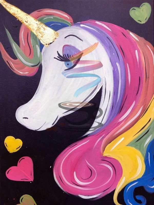 A painting of a unicorn with hearts around it