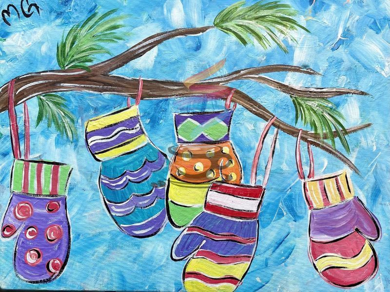 A painting of mittens hanging from a tree branch