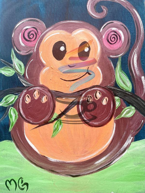 A painting of a monkey sitting on a tree branch.