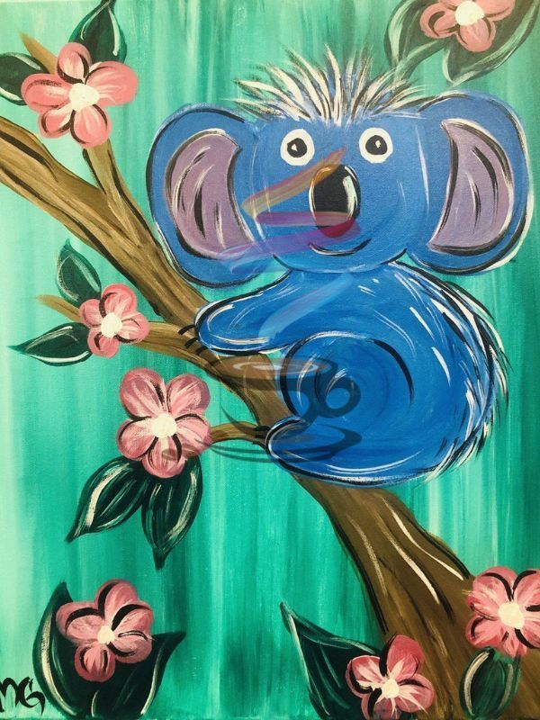 A painting of a blue koala sitting on a tree branch