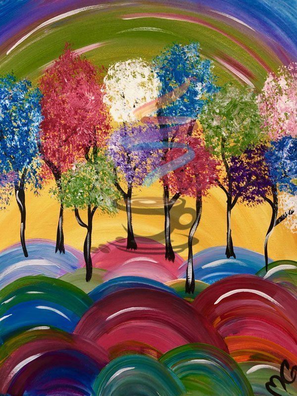 A colorful painting of trees with a rainbow in the background