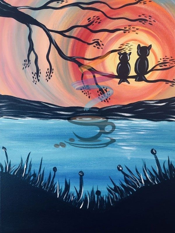 A painting of two owls sitting on a tree branch overlooking a lake