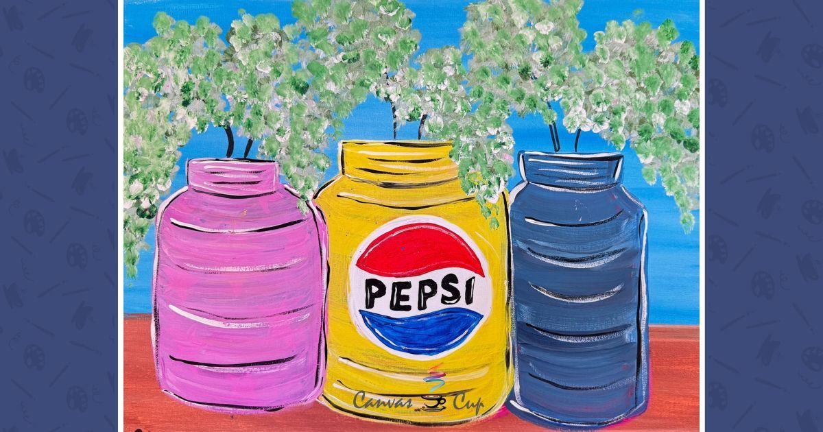 Pepsi employees painting during a Canvas n Cup virtual paint party with custom teamwork artwork and