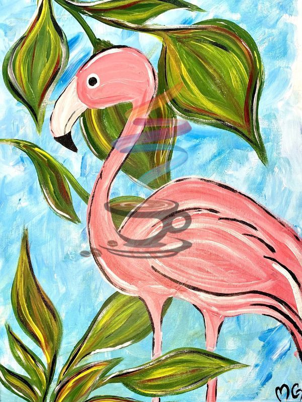 It is a painting of a flamingo surrounded by leaves.
