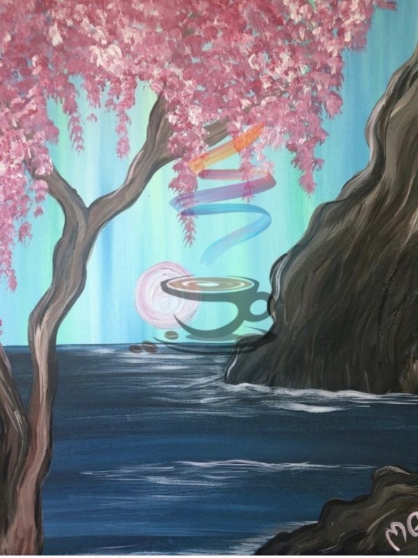 A painting of a cup of coffee under a cherry blossom tree