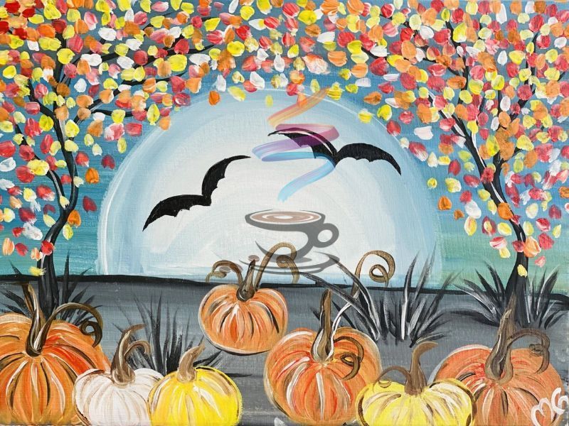 A painting of pumpkins and a cup of coffee