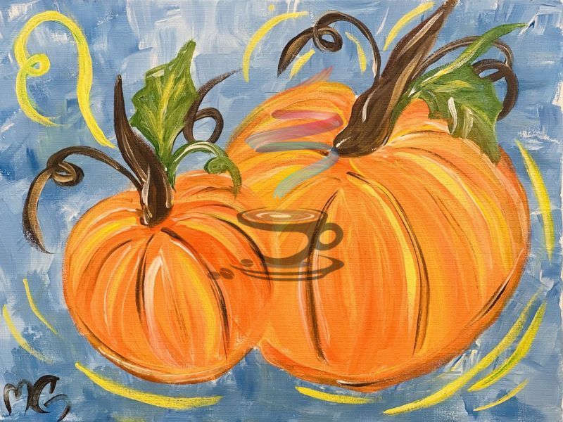 A painting of two pumpkins and a cup of coffee on a blue background.