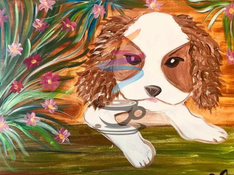 A painting of a dog holding a cup of coffee