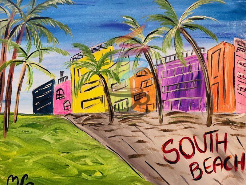 A painting of south beach with palm trees and buildings