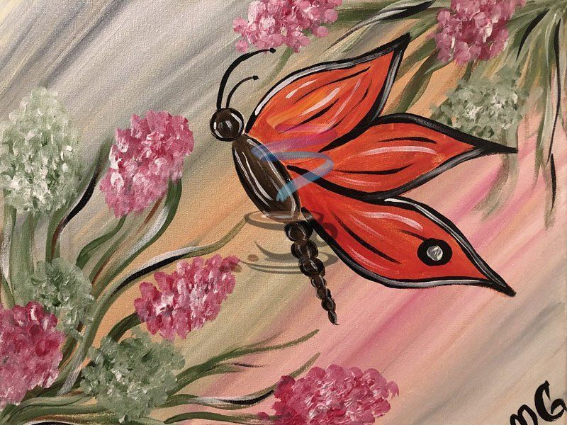 A painting of a red butterfly surrounded by pink flowers