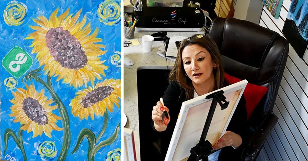 Custom sunflower painting with company logo created by Mahsa during Canvas n Cup virtual paint party