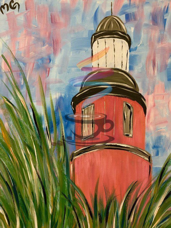 A painting of a lighthouse surrounded by tall grass.