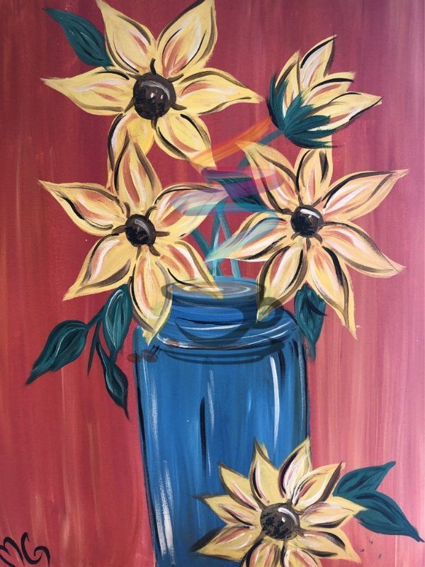 A painting of yellow flowers in a blue vase