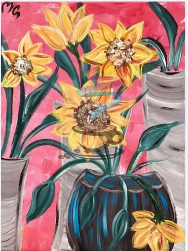 A painting of sunflowers in vases with mg written on the bottom