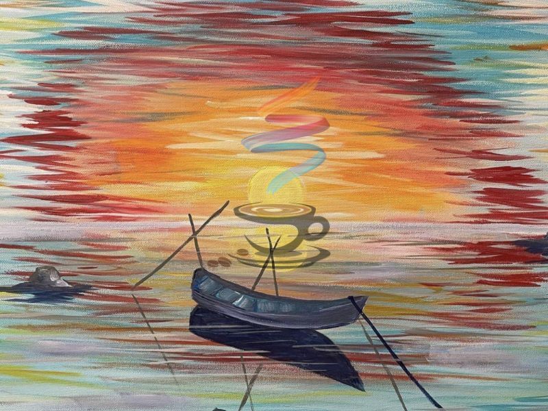 A painting of a boat and a cup of coffee in the water.