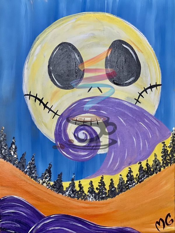 A painting of a skeleton with a full moon in the background