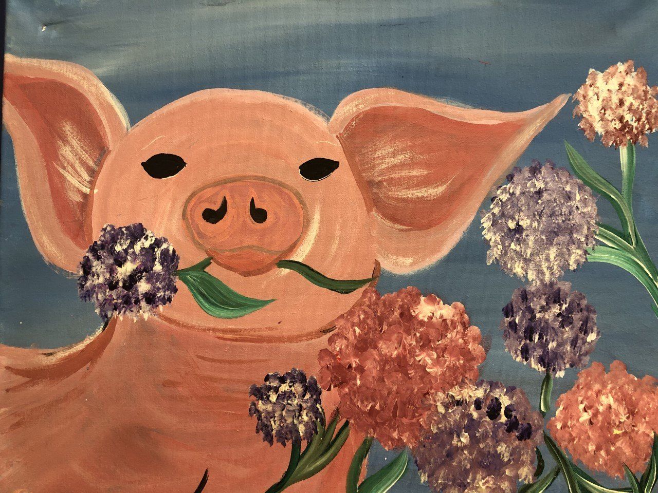Piggy got Flowers acrylic painting