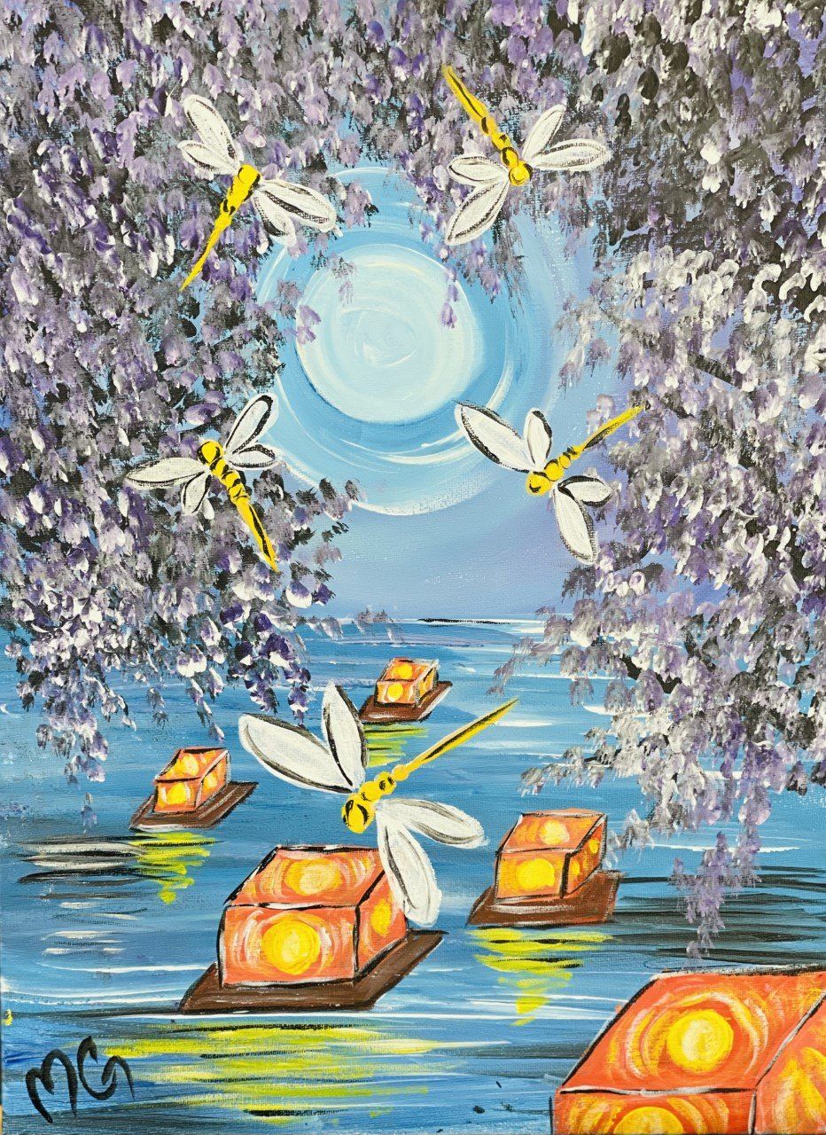 Dragon Flies and Lanterns acrylic painting