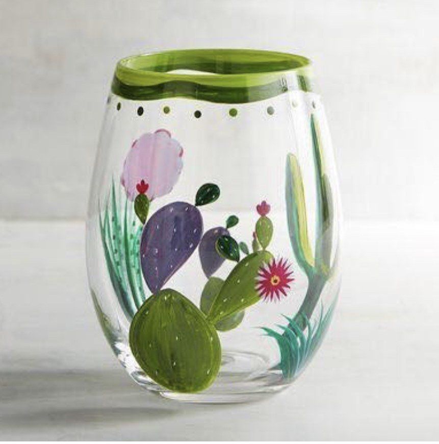 Cactuses painted on wine glass