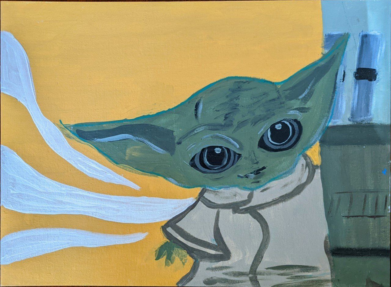 A painting of a baby yoda on a yellow background