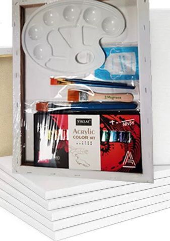 A set of acrylic paints brushes and a palette