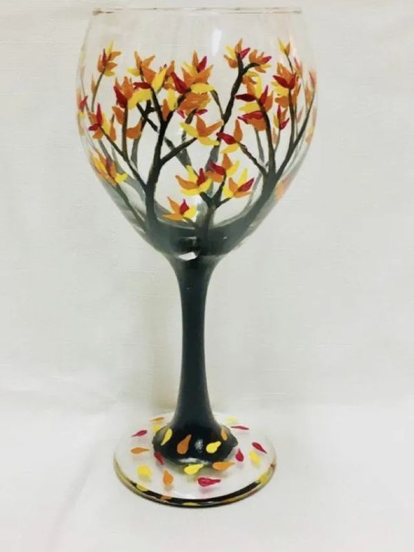 Fall tree painted on wine glass